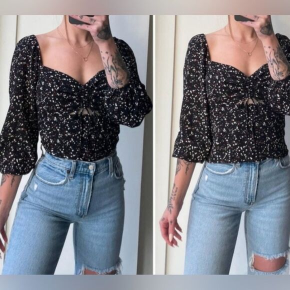 Abercrombie & Fitch Black White Puff Sleeve Baby Doll Top Front Cutout Size S - Picture 4 of 7